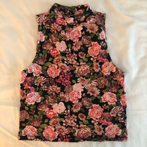 S F21 Pink Floral Crop Tank Top Mock Turtleneck